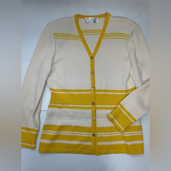 St. John Sweaters - St John Santana Knit Cardigan Gold Tone Buttons Yellow Cream Stripe Size 6